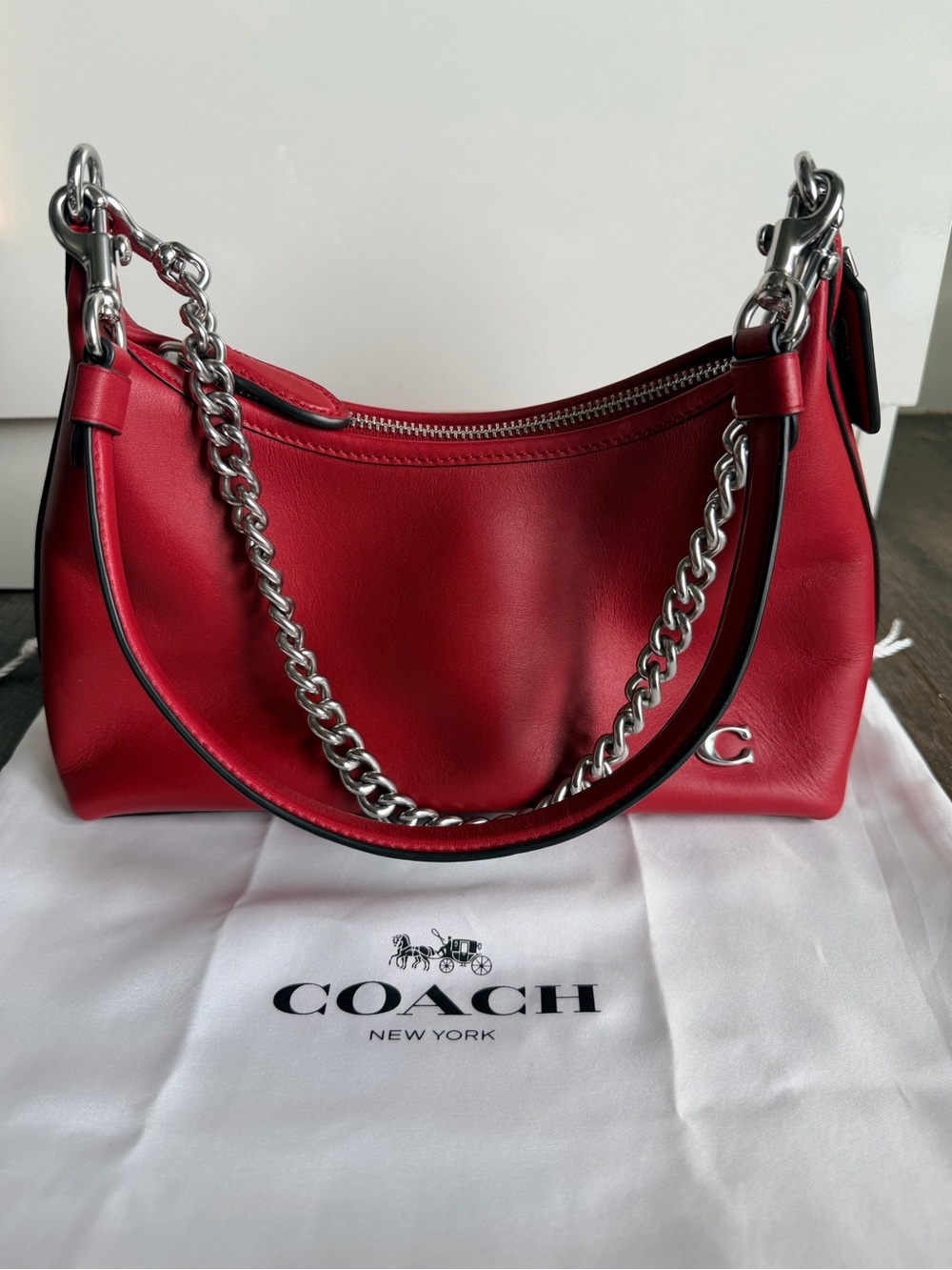 COACH Juliet  Red Leather Shoulder Bag with Silver Chain Accent